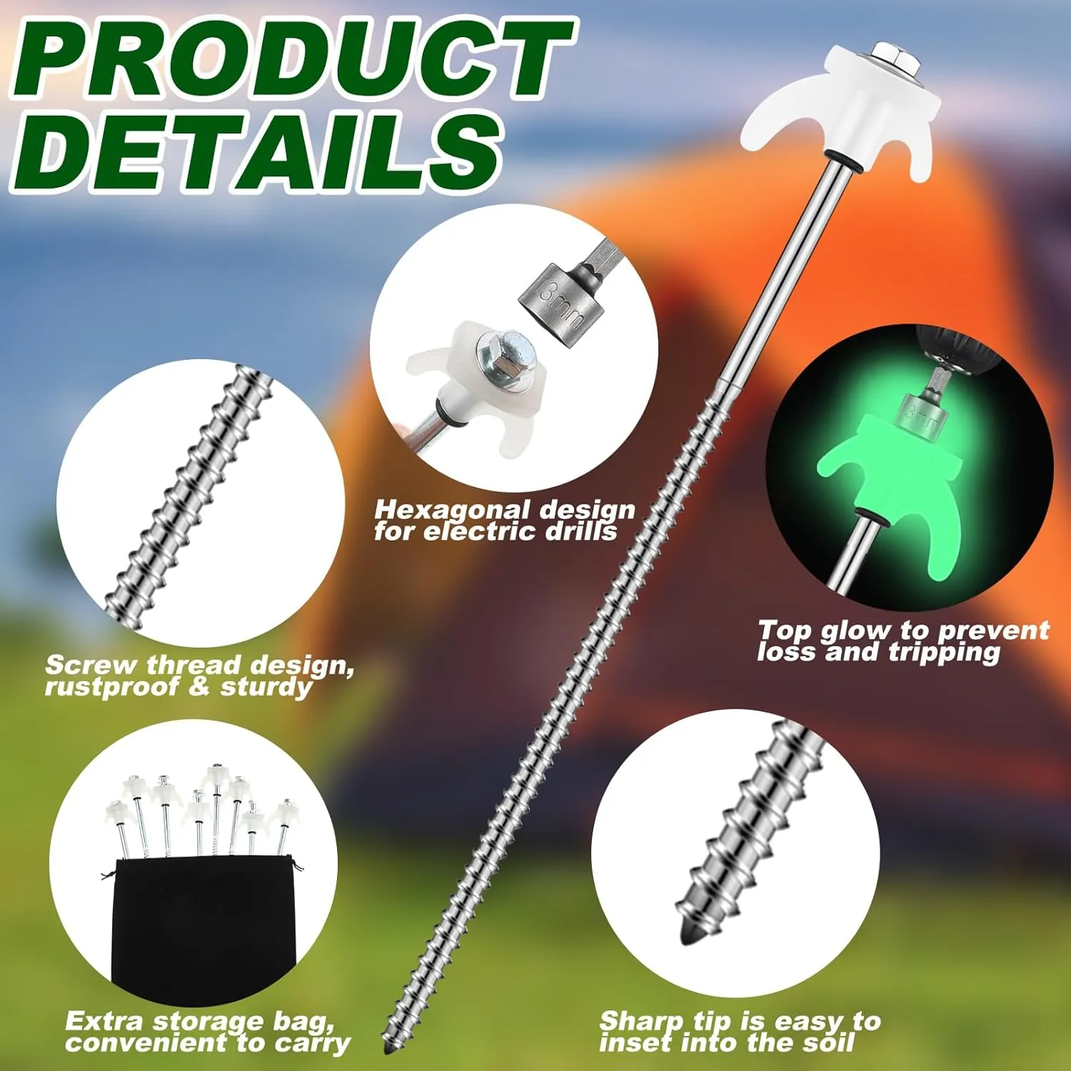 JaGely 40 Pcs 12 Inch Screw in Tent Stakes Heavy Duty Ground Anchors Metal Threaded Spikes Camping Stake Screw in Tent Pegs with Hex Head Driver for Camping Travel Decor Outdoor (Luminous White)
