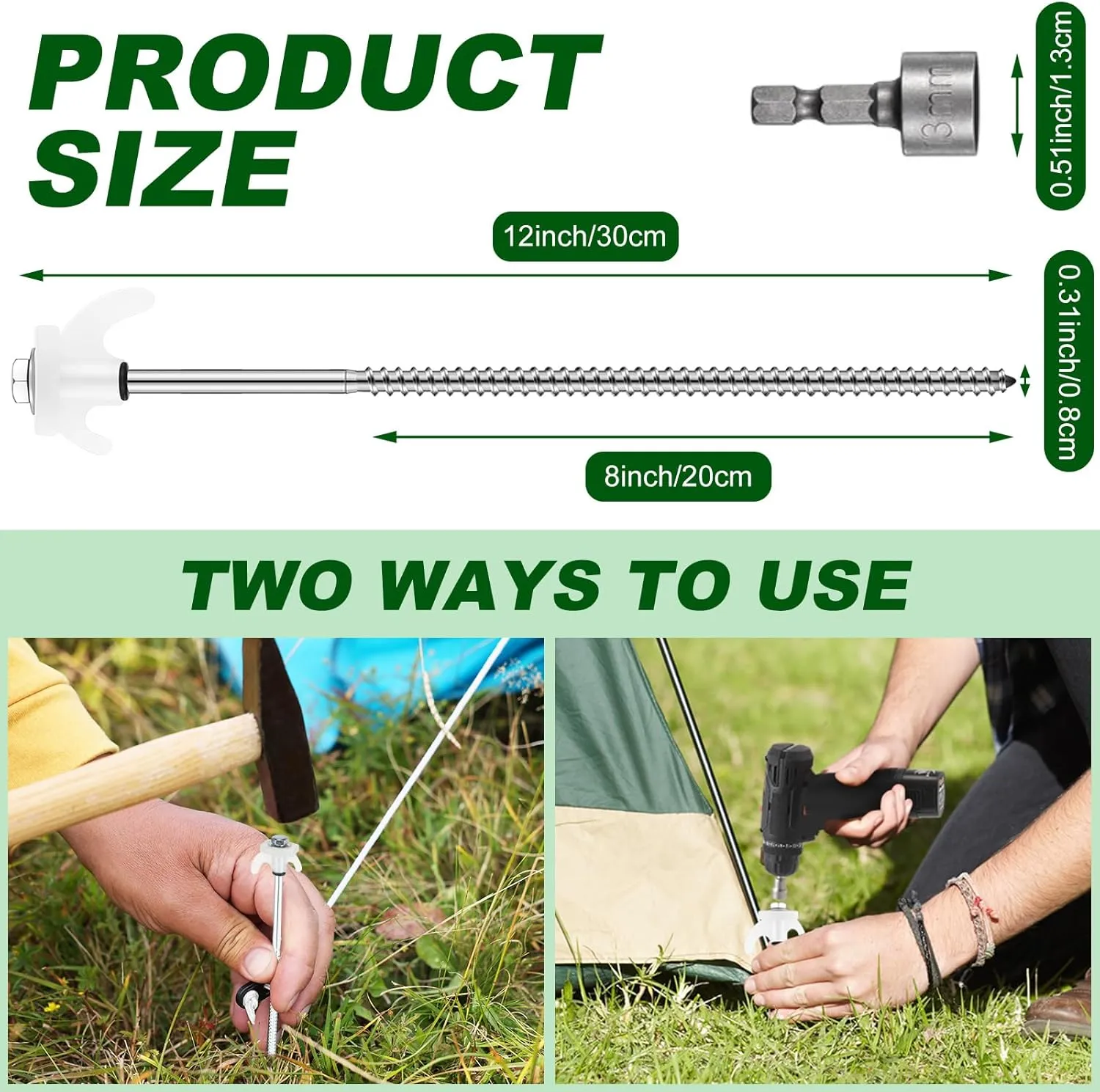 JaGely 40 Pcs 12 Inch Screw in Tent Stakes Heavy Duty Ground Anchors Metal Threaded Spikes Camping Stake Screw in Tent Pegs with Hex Head Driver for Camping Travel Decor Outdoor (Luminous White)