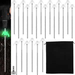 JaGely 40 Pcs 12 Inch Screw in Tent Stakes Heavy Duty Ground Anchors Metal Threaded Spikes Camping Stake Screw in Tent Pegs with Hex Head Driver for Camping Travel Decor Outdoor (Luminous White)