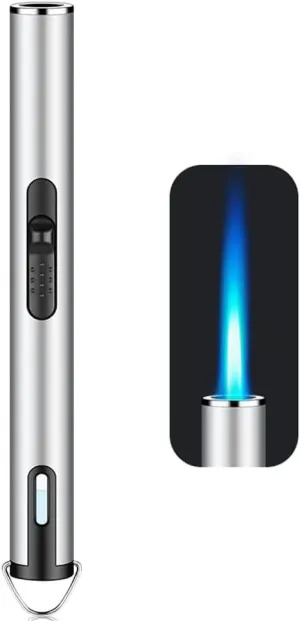 Jet Torch Lighter, Refillable Butane Lighter with Visible Window, Windproof Candle Lighter for BBQ, Camping, Stove, Kitchen Cooker, Hobs, Men Gifts (Gas Not Included) (Silver)