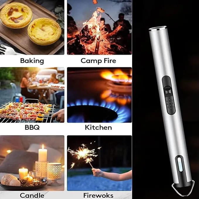 Jet Torch Lighter, Refillable Butane Lighter with Visible Window, Windproof Candle Lighter for BBQ, Camping, Stove, Kitchen Cooker, Hobs, Men Gifts (Gas Not Included) (Silver)