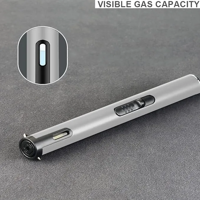 Jet Torch Lighter, Refillable Butane Lighter with Visible Window, Windproof Candle Lighter for BBQ, Camping, Stove, Kitchen Cooker, Hobs, Men Gifts (Gas Not Included) (Silver)