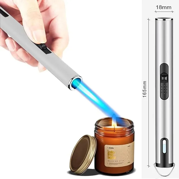 Jet Torch Lighter, Refillable Butane Lighter with Visible Window, Windproof Candle Lighter for BBQ, Camping, Stove, Kitchen Cooker, Hobs, Men Gifts (Gas Not Included) (Silver)