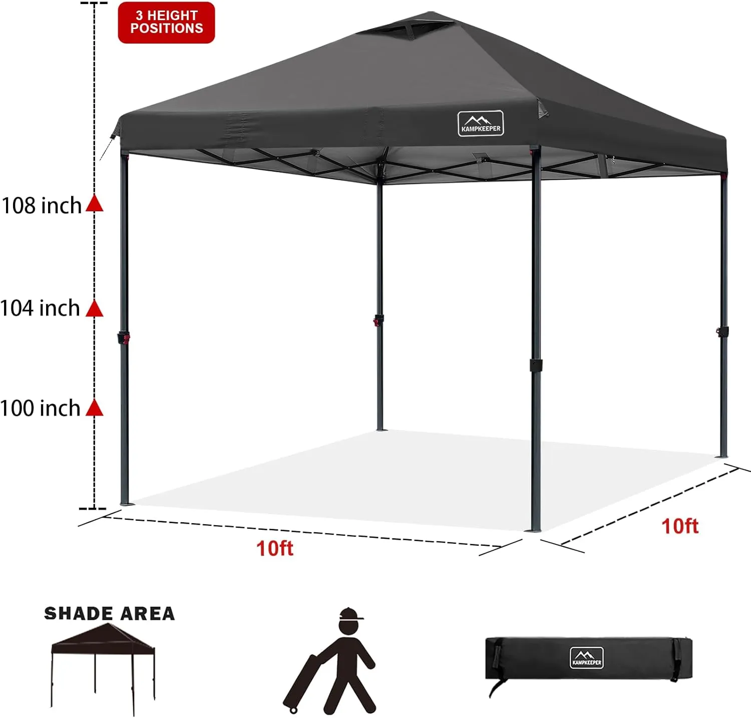KAMPKEEPER One Person Setup 10x10 Pop up Canopy Tent, Instant Portable Canopy, One Push Outdoor Canopy with 3 Adjustable Heights, Wheeled Carry Bag, Bonus 8 Stakes and 4 Ropes(Black)