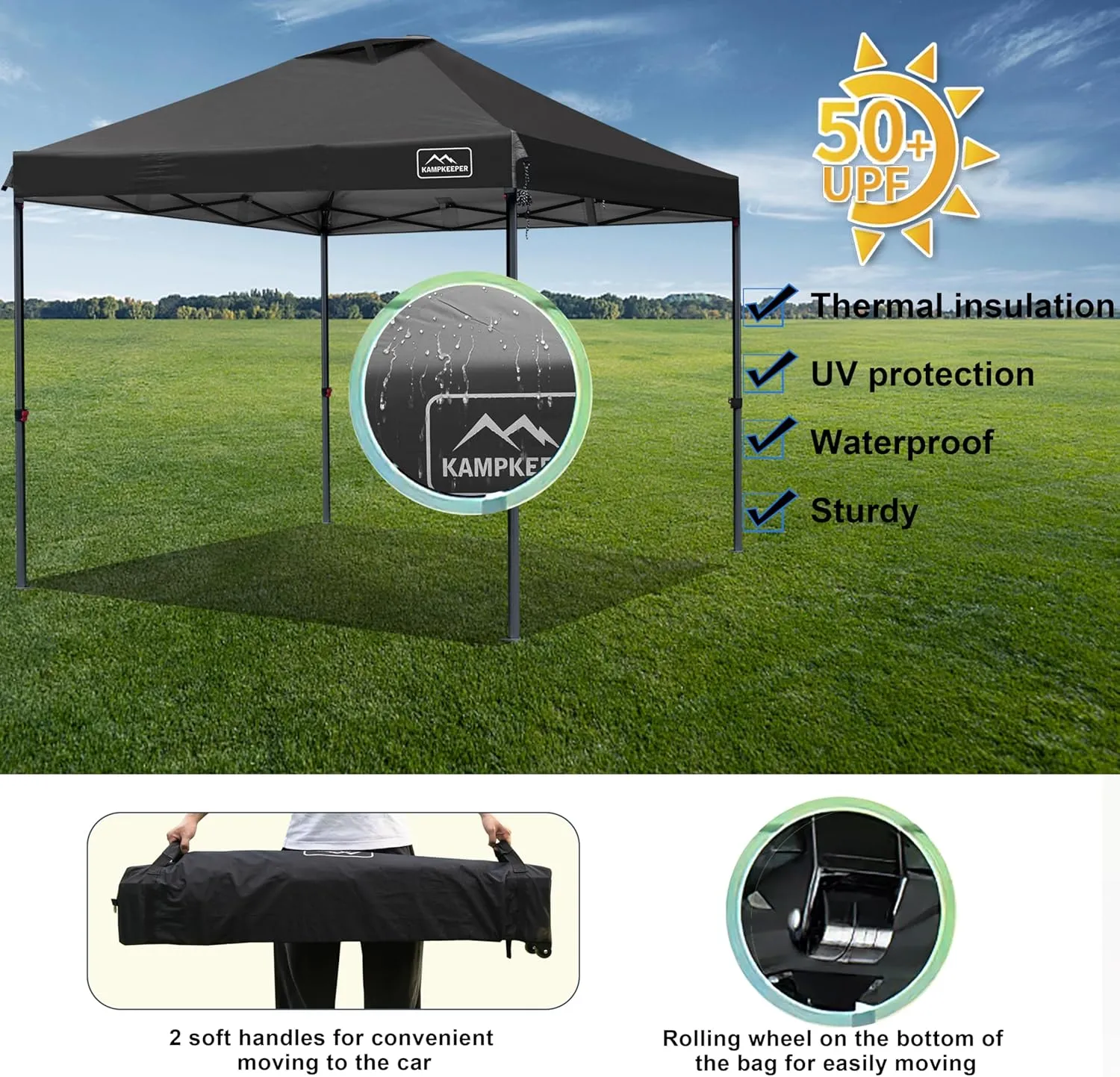 KAMPKEEPER One Person Setup 10x10 Pop up Canopy Tent, Instant Portable Canopy, One Push Outdoor Canopy with 3 Adjustable Heights, Wheeled Carry Bag, Bonus 8 Stakes and 4 Ropes(Black)