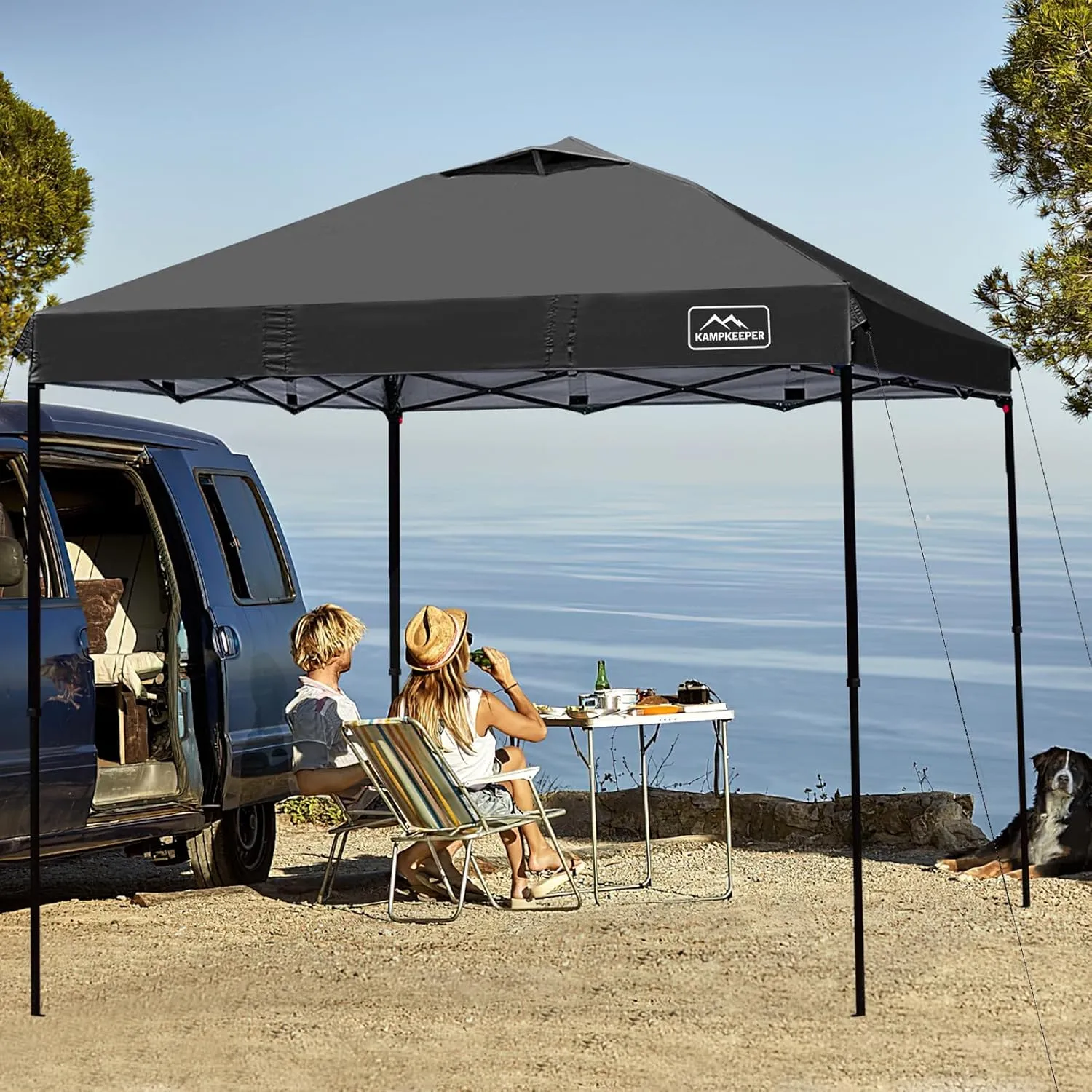 KAMPKEEPER One Person Setup 10x10 Pop up Canopy Tent, Instant Portable Canopy, One Push Outdoor Canopy with 3 Adjustable Heights, Wheeled Carry Bag, Bonus 8 Stakes and 4 Ropes(Black)