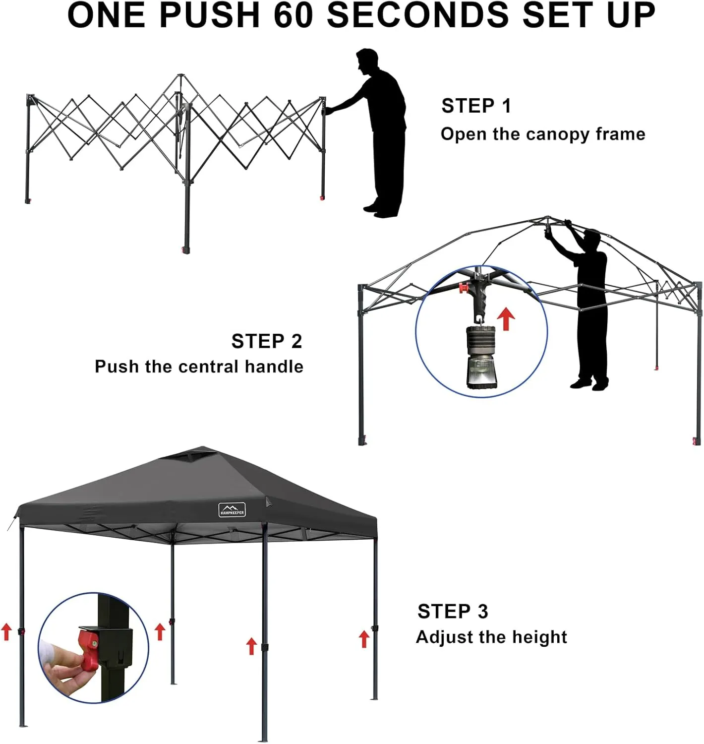 KAMPKEEPER One Person Setup 10x10 Pop up Canopy Tent, Instant Portable Canopy, One Push Outdoor Canopy with 3 Adjustable Heights, Wheeled Carry Bag, Bonus 8 Stakes and 4 Ropes(Black)