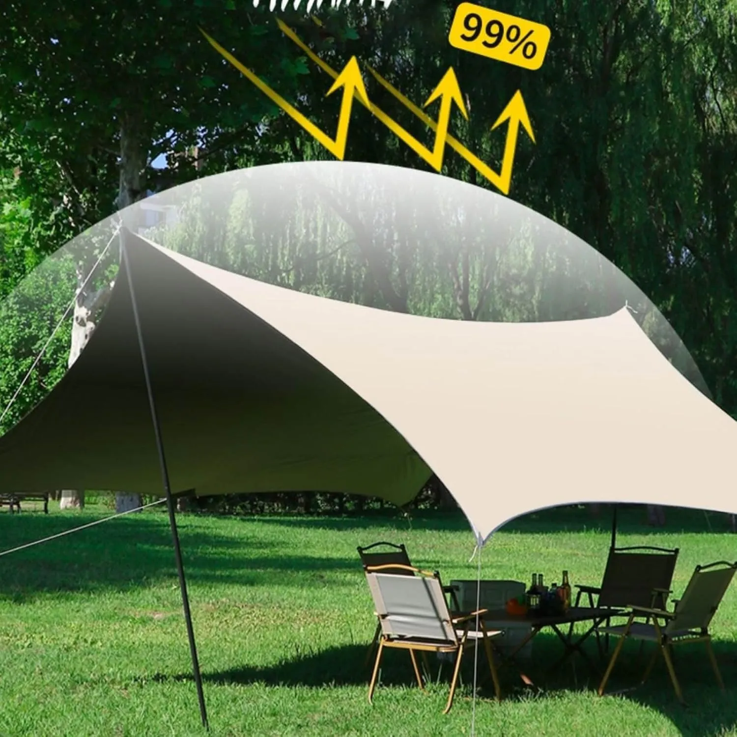 KAnduo Rain Fly 18x15ft Camping Tarp with Poles, Waterproof and Ultralight Survival Tent Tarp for Outdoors Camping Hiking Picnic(Rice-White,177x173x102inch)