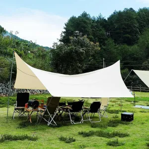 KAnduo Rain Fly 18x15ft Camping Tarp with Poles, Waterproof and Ultralight Survival Tent Tarp for Outdoors Camping Hiking Picnic(Rice-White,177x173x102inch)