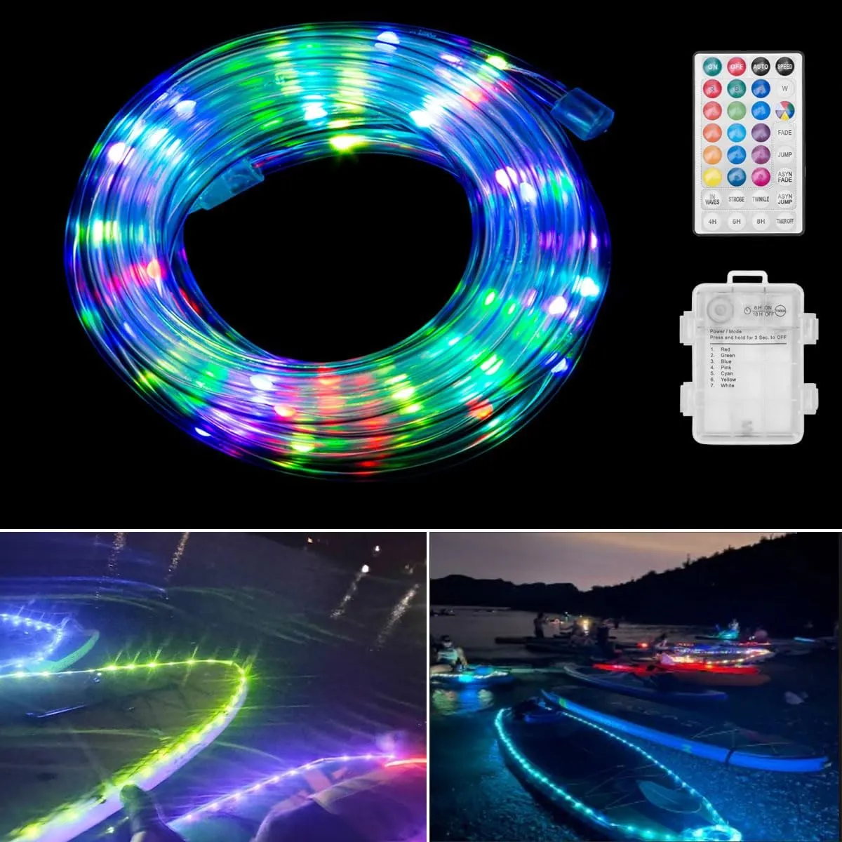 Kayak Glow Lights Kit, LED Glowing Rope Lights for Paddle Boards, Battery Operated Boat Lights with Remote Control, 17 Colors 7 Flashing Modes RGB Color Changing, Kayak Accessories (21ft)