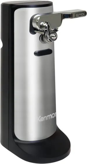 Kenmore 3 in 1 Electric Can Opener Hands Free One Touch Built In Knife Sharpener Bottle Opener Auto Shut Off Easy Clean Cord Storage Silver Stainless Steel
