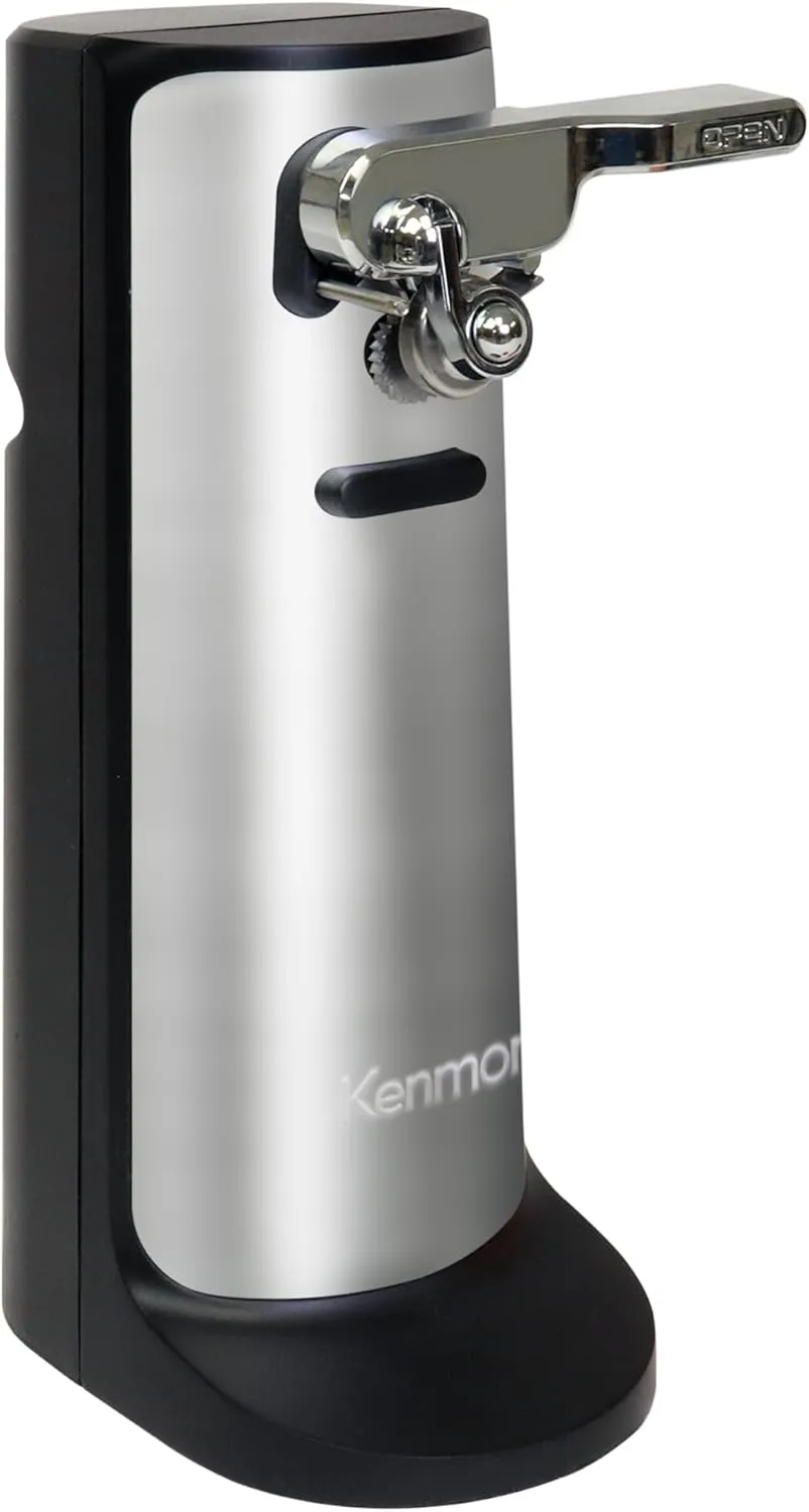 Kenmore 3 in 1 Electric Can Opener Hands Free One Touch Built In Knife Sharpener Bottle Opener Auto Shut Off Easy Clean Cord Storage Silver Stainless Steel