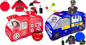 Kiddzery Fire Truck & Police Car Play Tent Bundle with Siren Sounds, Costumes, and Accessories - Interactive Pop-Up Playhouse for Kids, Boys & Girls - Indoor & Outdoor Pretend Play Set