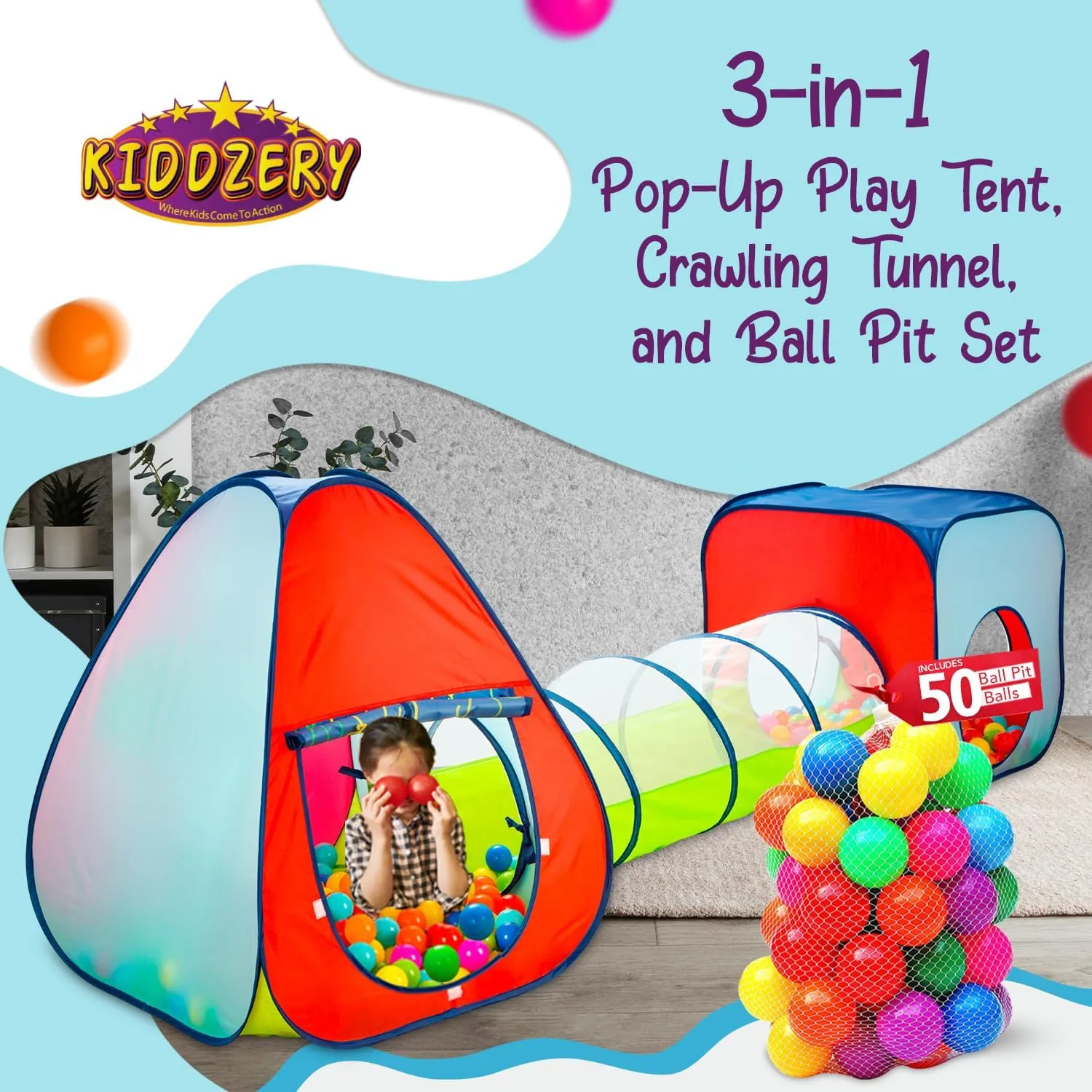 Kids Ball Pit Play Tent Set - Toddler Pop Up Ballpit - Indoor/Outdoor Play Tent, 3 Pc with Tunnel with 50 Balls