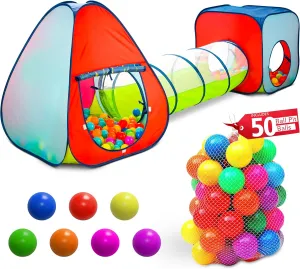 Kids Ball Pit Play Tent Set - Toddler Pop Up Ballpit - Indoor/Outdoor Play Tent, 3 Pc with Tunnel with 50 Balls