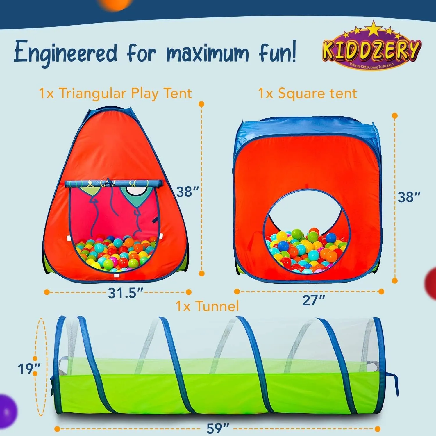Kids Ball Pit Play Tent Set - Toddler Pop Up Ballpit - Indoor/Outdoor Play Tent, 3 Pc with Tunnel with 50 Balls