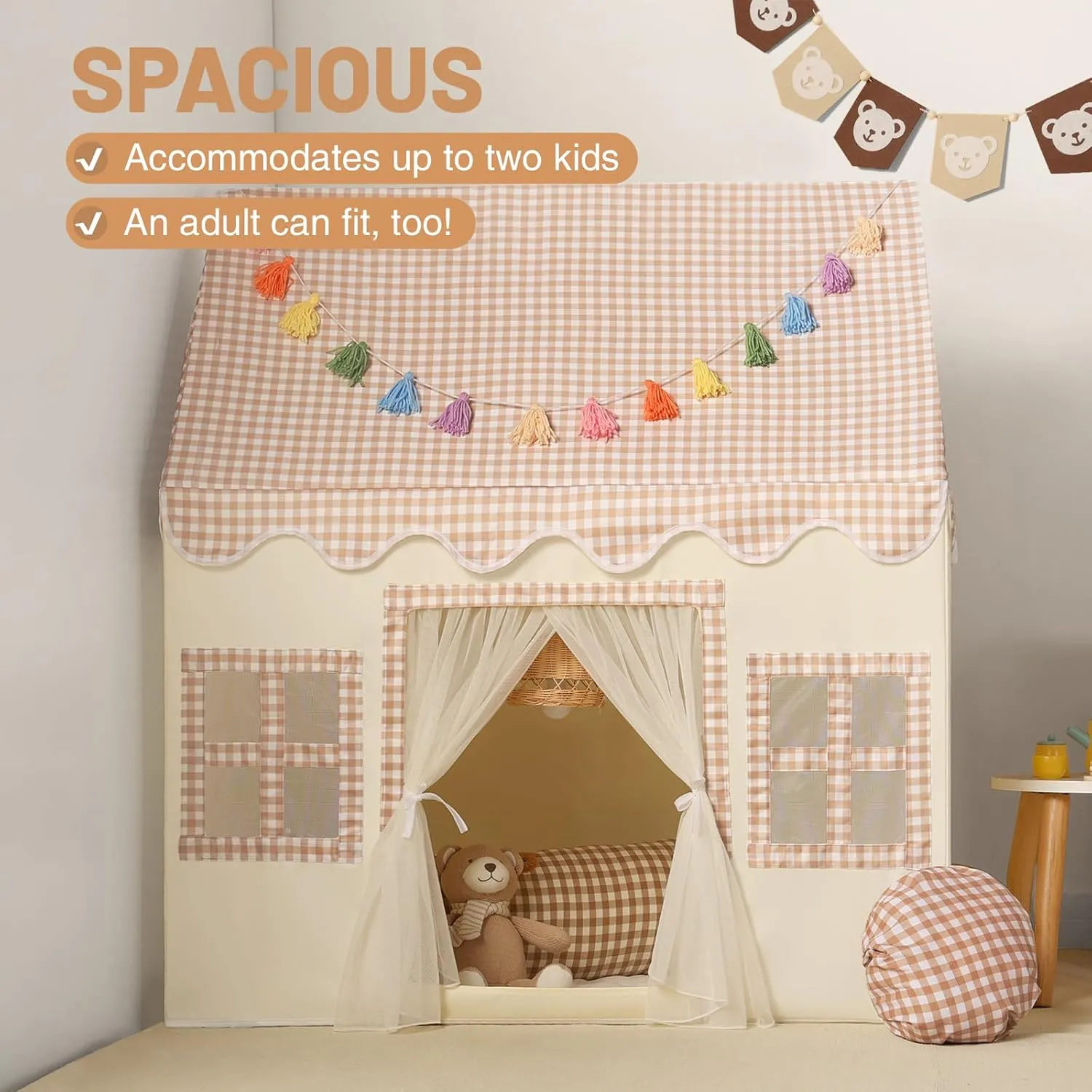 Kids Play Tent Indoor: with Brown Checkered, Mat, Rainbow Tissue Garland, Star Lights - Toddler Girl Tent Indoor Playhouse for Toddlers Kids Toys for Boy Girl Birthday Gift for Kids