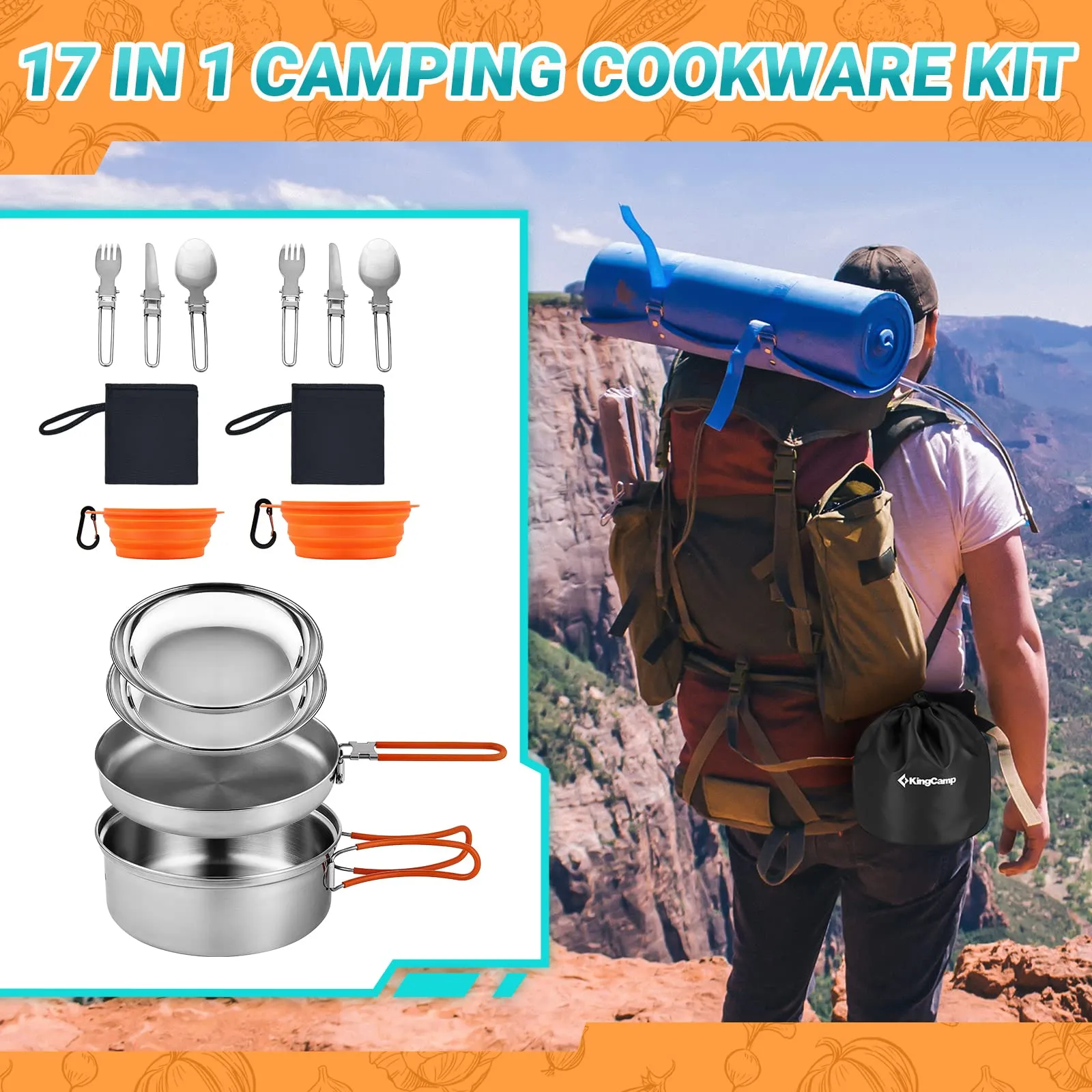 KingCamp ADVENTURER Ⅰ Stainless Steel Camping Pot Set for 2 People   Cutlery Set