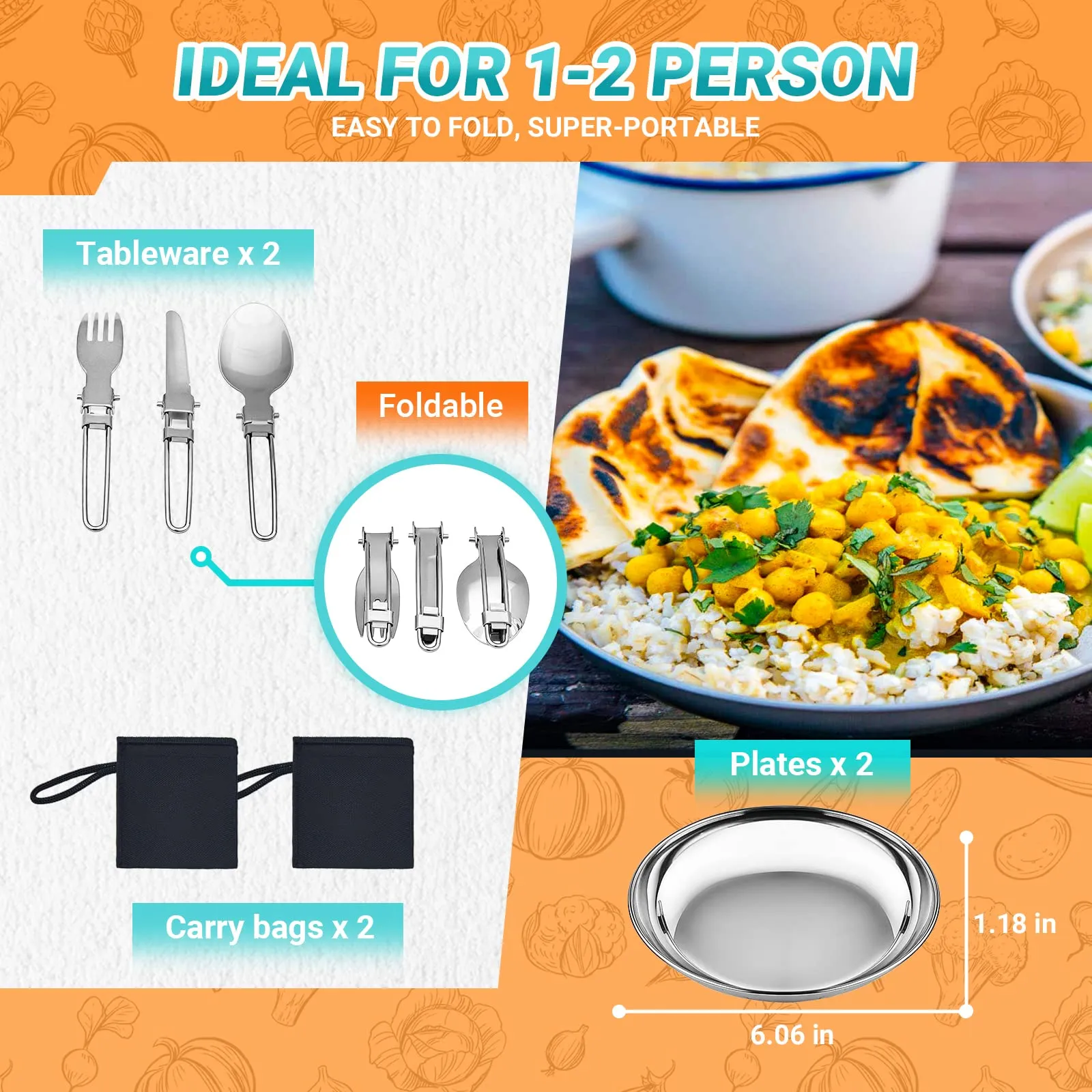 KingCamp ADVENTURER Ⅰ Stainless Steel Camping Pot Set for 2 People   Cutlery Set