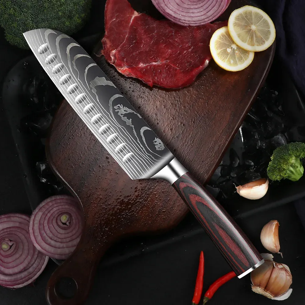 Kitchen Chef's Knife Japanese Santoku Knife Laser Damascus Pattern Professional Boning Knife Fruit Knife Cooking Utility Knife