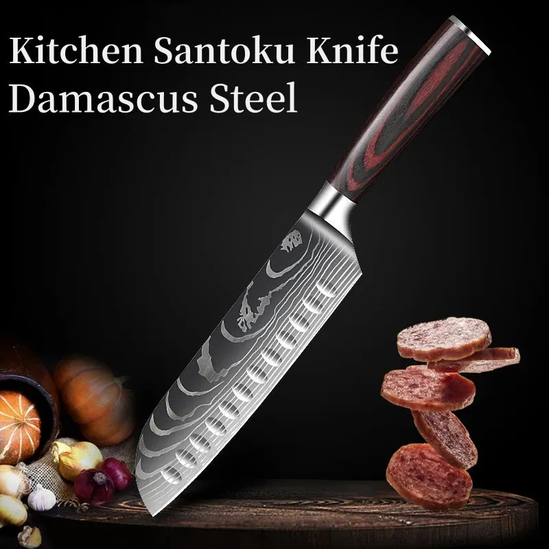 Kitchen Chef's Knife Japanese Santoku Knife Laser Damascus Pattern Professional Boning Knife Fruit Knife Cooking Utility Knife