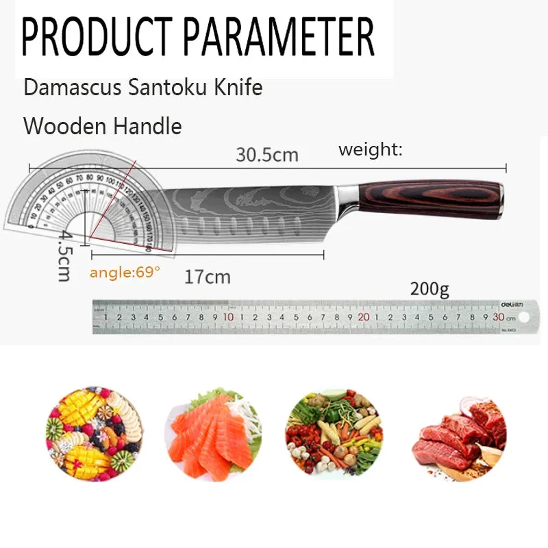 Kitchen Chef's Knife Japanese Santoku Knife Laser Damascus Pattern Professional Boning Knife Fruit Knife Cooking Utility Knife