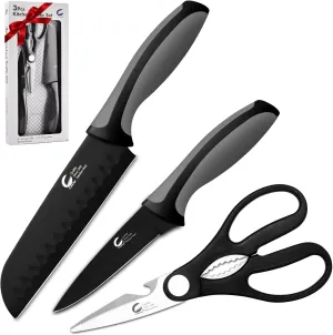 Kitchen Knife, 3-Pcs Black Knives Set with Multifunctional Kitchen Scissors, 6'' Santoku and 4'' Paring Knife for Chef Paring Cutting Slicing Dishwasher Safe (Anti-Slip Handle)