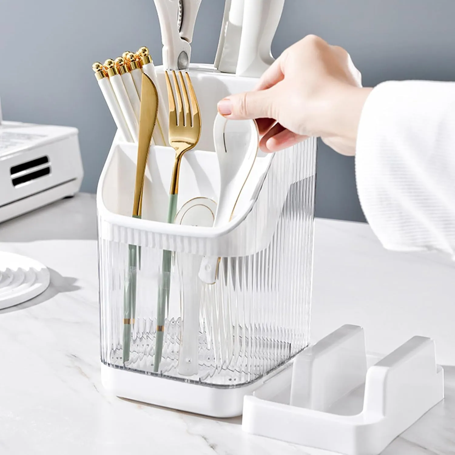 Kitchen Knife Holder,Universal Multifunctional Kitchen Storage Rack,Modern Fashionable Knife Utensil Organizer for Kitchen Countertop Cutting Board Pot Cover Chopsticks Fork(white)