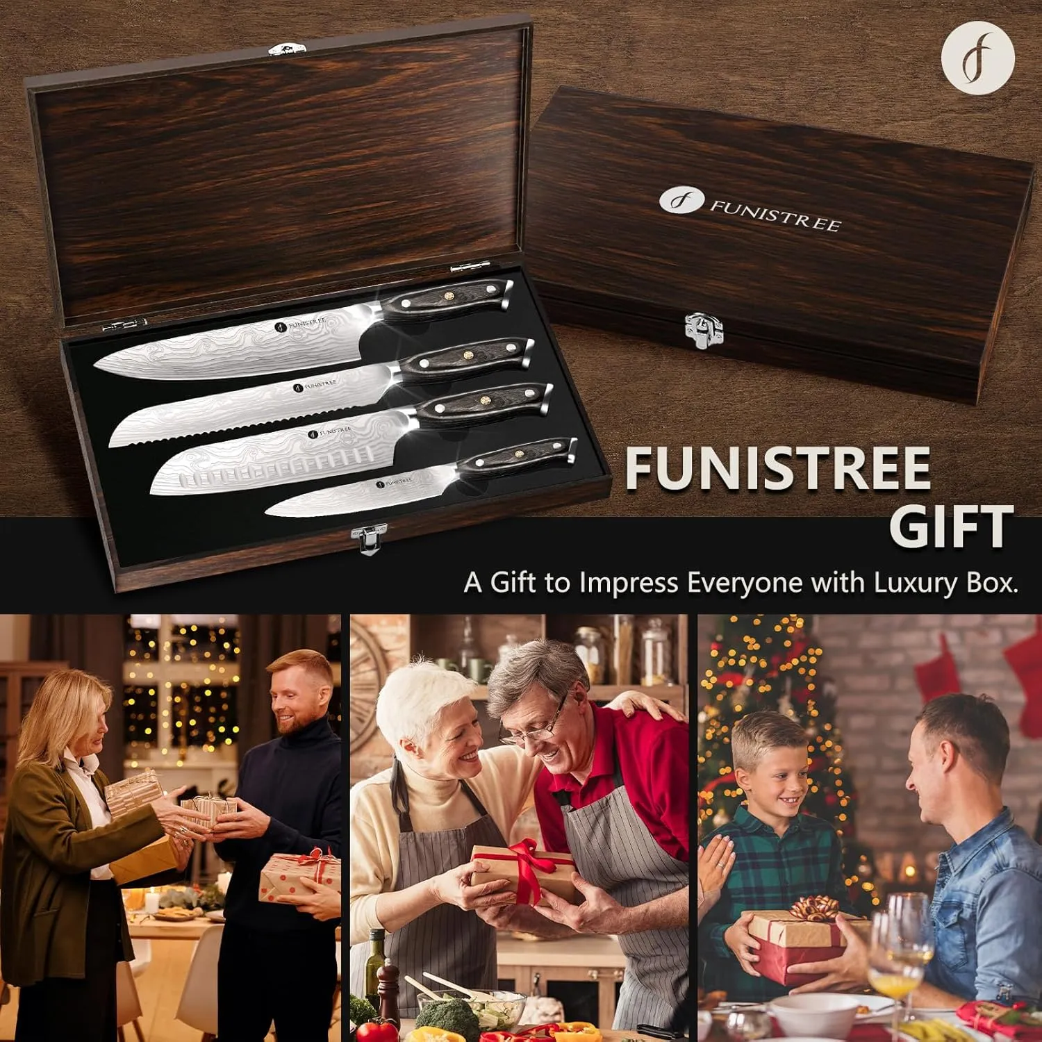 Kitchen Knife Set, 4 Pcs Damascus Chef Knife Set With Wooden Box, 8" Chef Knife, 5" Utility Knife, 8" Bread Knife, 7" Santoku Knife, Gift Set for Men Women Christmas, Thanksgiving Gifts