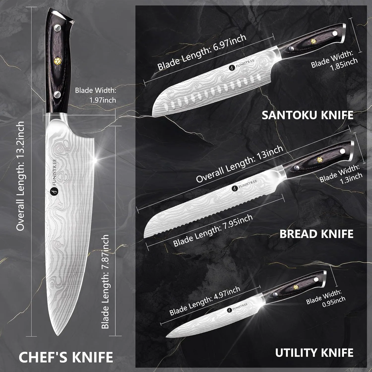 Kitchen Knife Set, 4 Pcs Damascus Chef Knife Set With Wooden Box, 8" Chef Knife, 5" Utility Knife, 8" Bread Knife, 7" Santoku Knife, Gift Set for Men Women Christmas, Thanksgiving Gifts