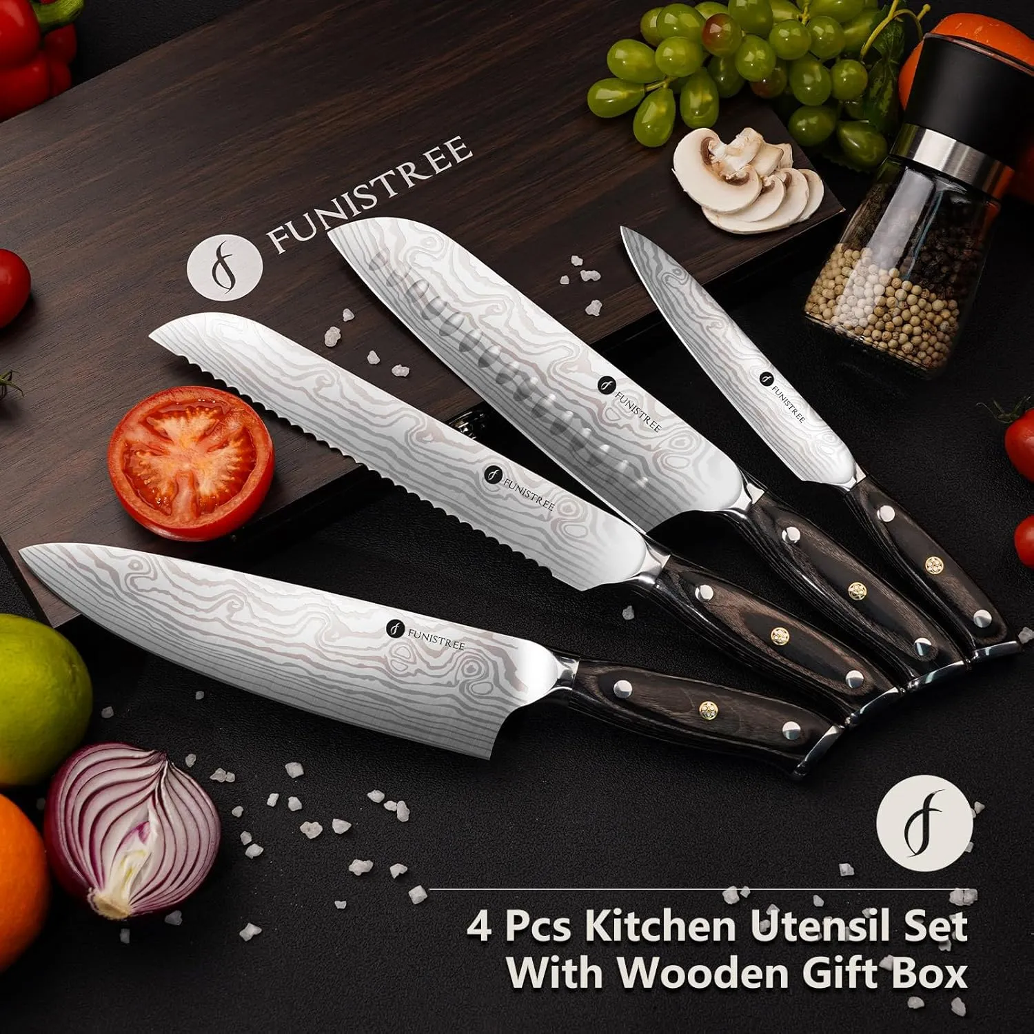 Kitchen Knife Set, 4 Pcs Damascus Chef Knife Set With Wooden Box, 8" Chef Knife, 5" Utility Knife, 8" Bread Knife, 7" Santoku Knife, Gift Set for Men Women Christmas, Thanksgiving Gifts