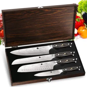 Kitchen Knife Set, 4 Pcs Damascus Chef Knife Set With Wooden Box, 8" Chef Knife, 5" Utility Knife, 8" Bread Knife, 7" Santoku Knife, Gift Set for Men Women Christmas, Thanksgiving Gifts