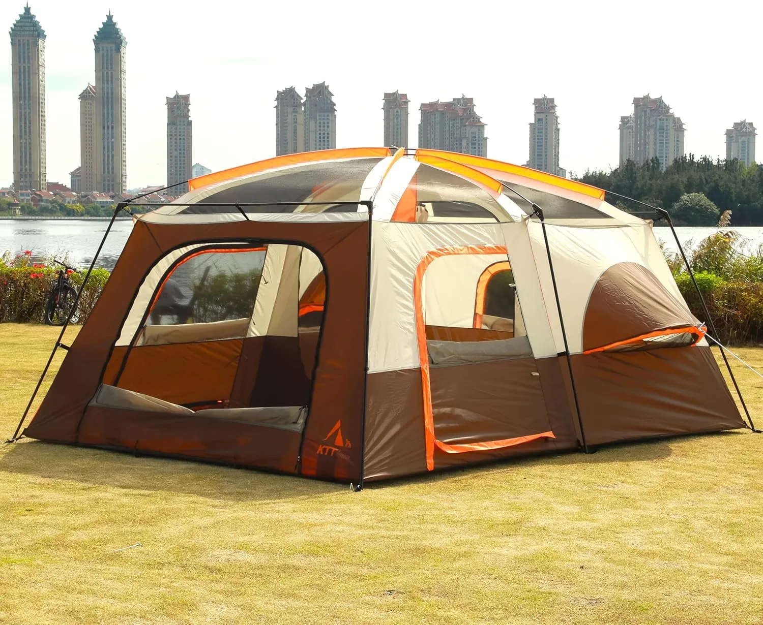KTT Extra Large Tent 12 Person,2 Bay-Windows,Family Cabin Tents,14'Lx10'Wx6.58'H,2 Rooms and 3 Doors 3 Windows with Mesh,Waterproof,Straight Wall,Big Tent for Outdoor,Picnic,Camping,Gathering