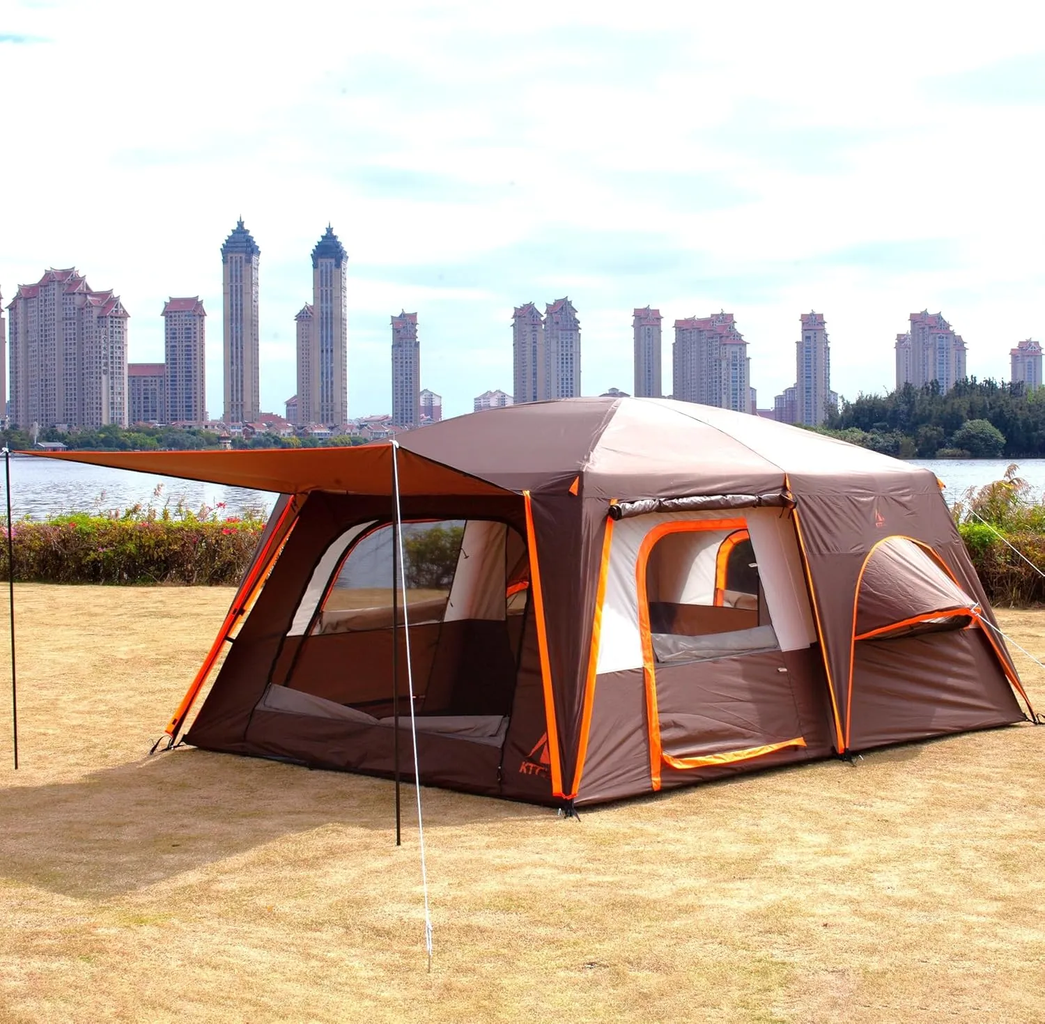 KTT Extra Large Tent 12 Person,2 Bay-Windows,Family Cabin Tents,14'Lx10'Wx6.58'H,2 Rooms and 3 Doors 3 Windows with Mesh,Waterproof,Straight Wall,Big Tent for Outdoor,Picnic,Camping,Gathering