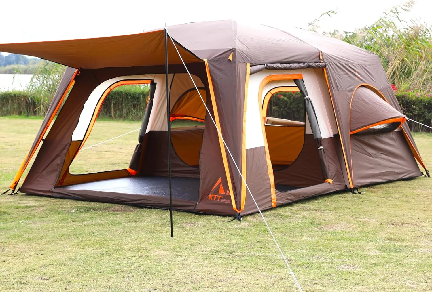 KTT Extra Large Tent 12 Person,2 Bay-Windows,Family Cabin Tents,14'Lx10'Wx6.58'H,2 Rooms and 3 Doors 3 Windows with Mesh,Waterproof,Straight Wall,Big Tent for Outdoor,Picnic,Camping,Gathering