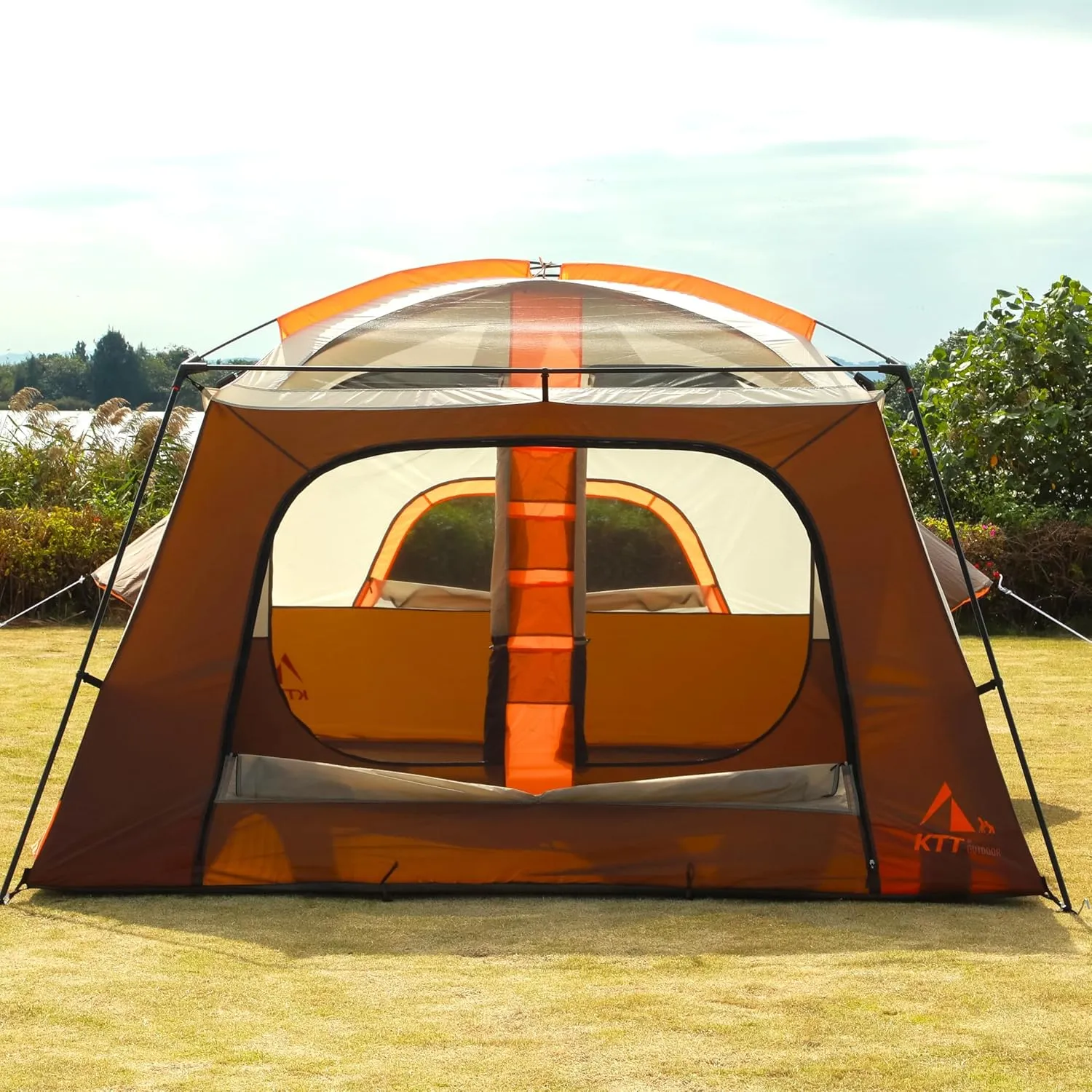 KTT Extra Large Tent 12 Person,2 Bay-Windows,Family Cabin Tents,14'Lx10'Wx6.58'H,2 Rooms and 3 Doors 3 Windows with Mesh,Waterproof,Straight Wall,Big Tent for Outdoor,Picnic,Camping,Gathering