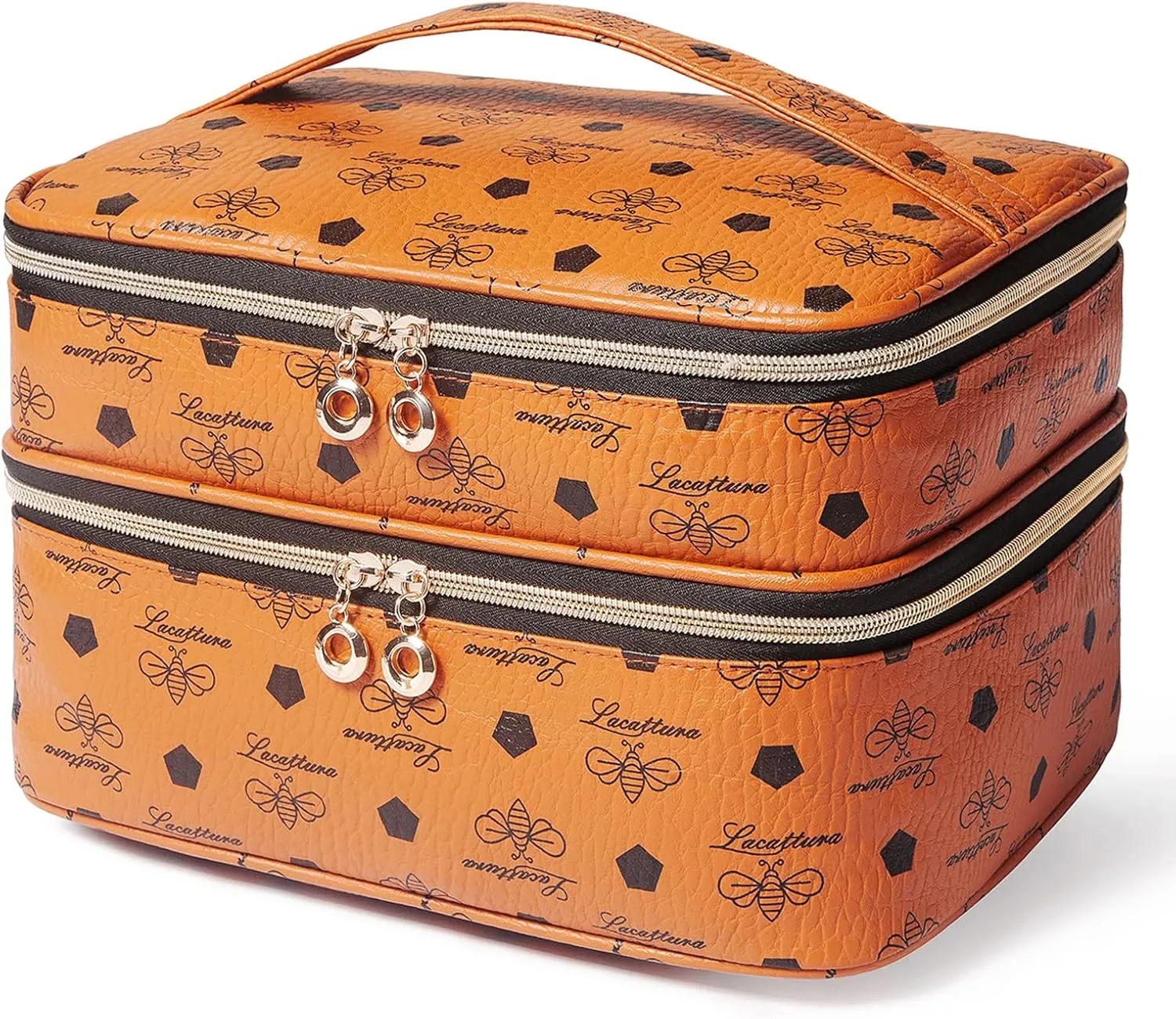 LACATTURA Double Layer Makeup Bag for Women, Leather Travel Toiletry Bag, Large Cosmetic Case with Adjustable Divider, Portable Make Up Organizer, Brush Holder, Beauty Storage Bags for Girls, Brown