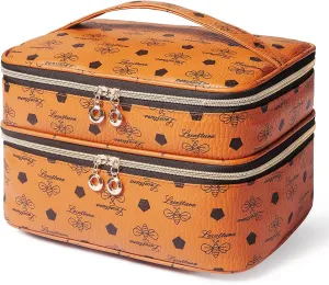 LACATTURA Double Layer Makeup Bag for Women, Leather Travel Toiletry Bag, Large Cosmetic Case with Adjustable Divider, Portable Make Up Organizer, Brush Holder, Beauty Storage Bags for Girls, Brown