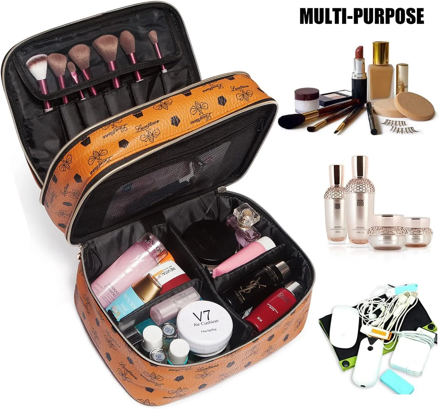 LACATTURA Double Layer Makeup Bag for Women, Leather Travel Toiletry Bag, Large Cosmetic Case with Adjustable Divider, Portable Make Up Organizer, Brush Holder, Beauty Storage Bags for Girls, Brown