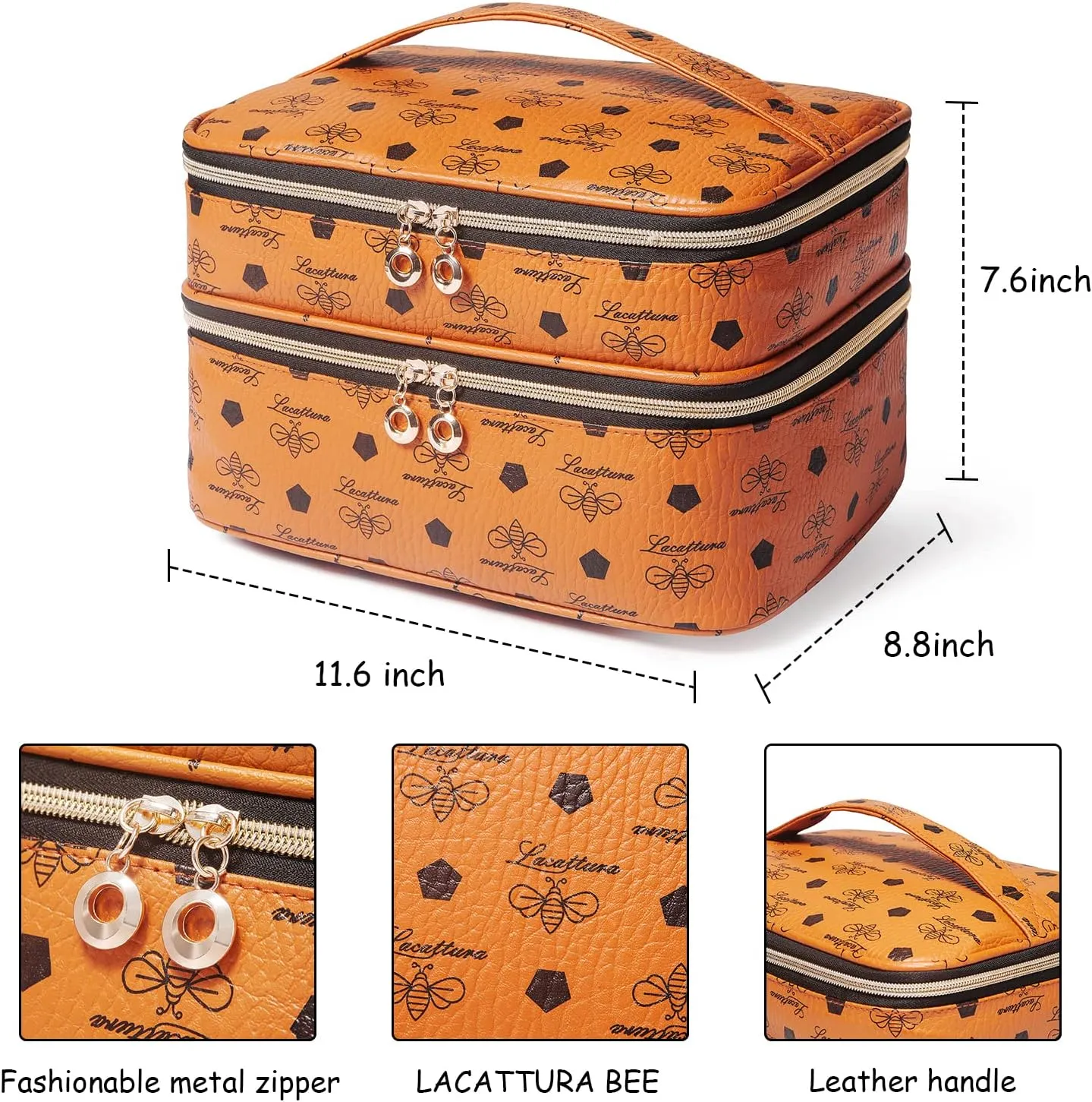 LACATTURA Double Layer Makeup Bag for Women, Leather Travel Toiletry Bag, Large Cosmetic Case with Adjustable Divider, Portable Make Up Organizer, Brush Holder, Beauty Storage Bags for Girls, Brown
