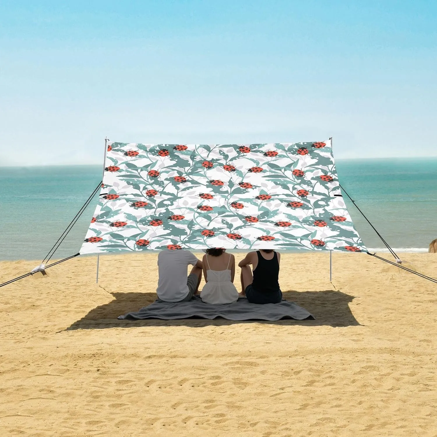 Lady Bugs on Leaves Beach Canopy Tent Anti-UV & Wind Resistant, Camping Sun Shelter Easy Setup Portable,Outdoor Shade Tents with Sandbags,Sand Shovels,Ground Pegs & Stability Poles