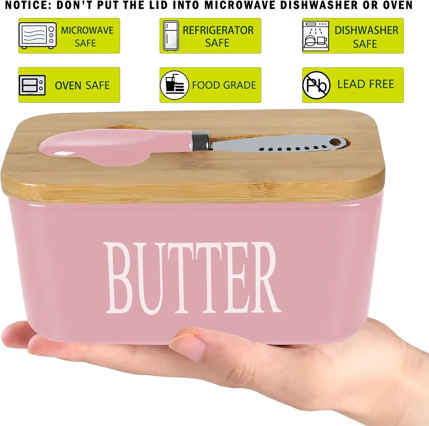 Large Butter Dish with Lid for Countertop Ceramic Butter Container with Knife Holder Spreader Double Silicone Seals Butte Keeper Rectangle Pink