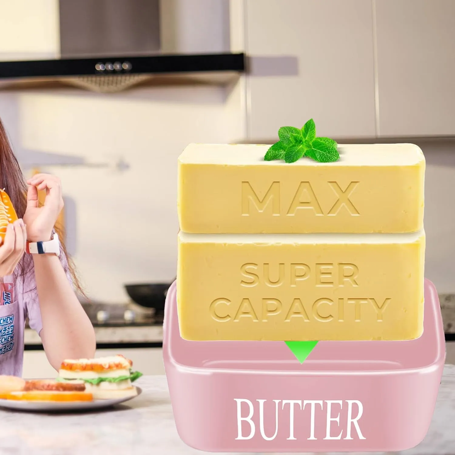 Large Butter Dish with Lid for Countertop Ceramic Butter Container with Knife Holder Spreader Double Silicone Seals Butte Keeper Rectangle Pink