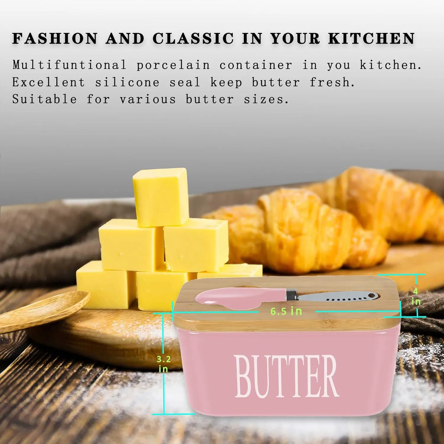 Large Butter Dish with Lid for Countertop Ceramic Butter Container with Knife Holder Spreader Double Silicone Seals Butte Keeper Rectangle Pink