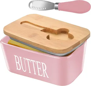 Large Butter Dish with Lid for Countertop Ceramic Butter Container with Knife Holder Spreader Double Silicone Seals Butte Keeper Rectangle Pink