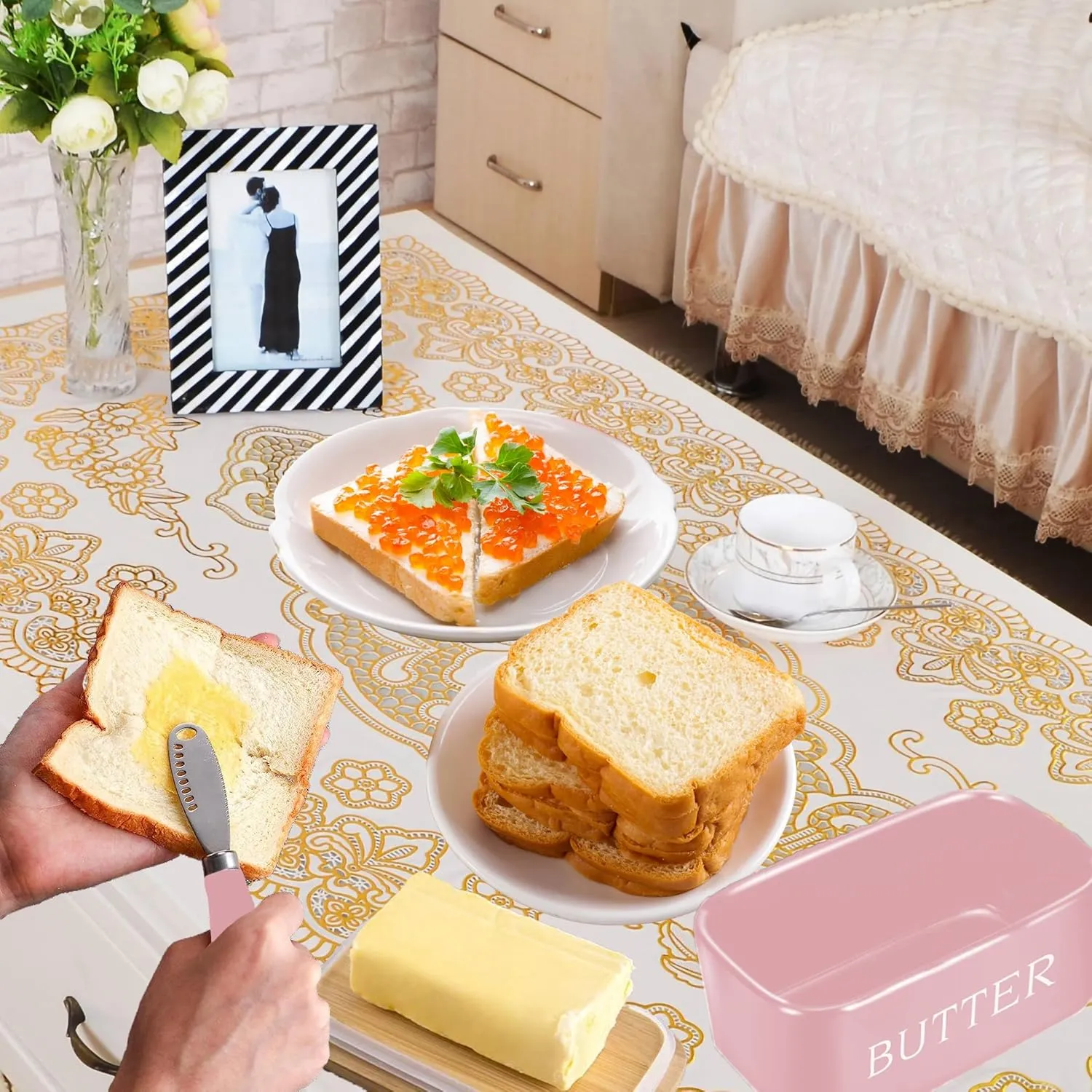 Large Butter Dish with Lid for Countertop Ceramic Butter Container with Knife Holder Spreader Double Silicone Seals Butte Keeper Rectangle Pink