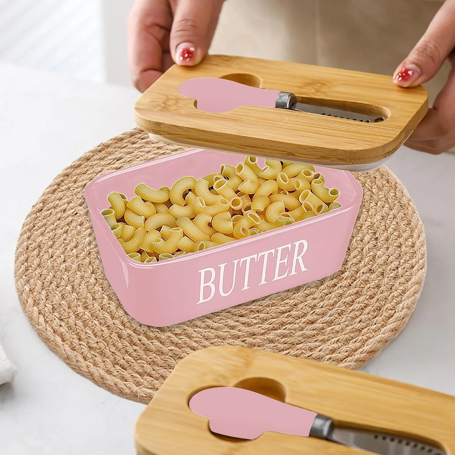 Large Butter Dish with Lid for Countertop Ceramic Butter Container with Knife Holder Spreader Double Silicone Seals Butte Keeper Rectangle Pink