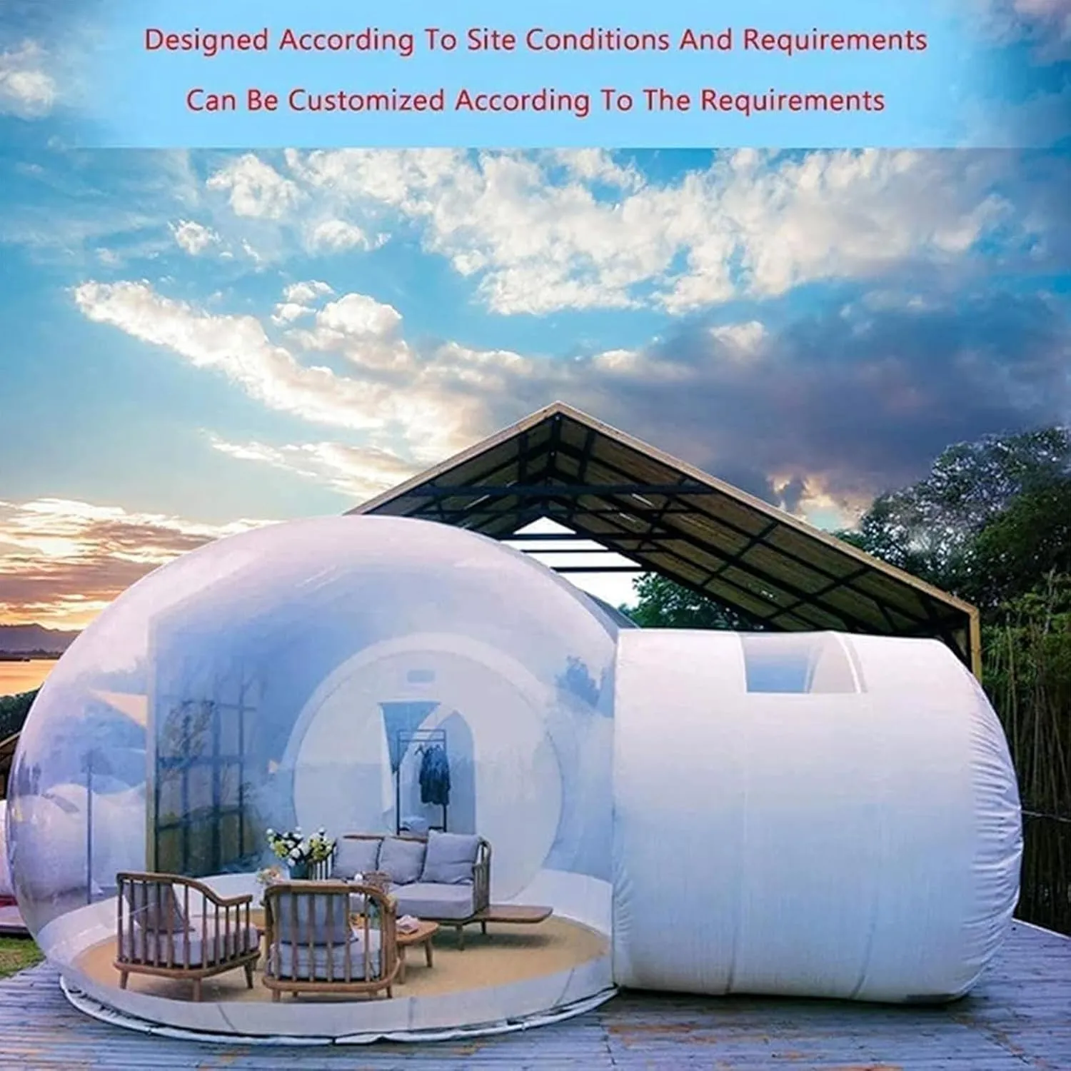 Large Outdoor Inflatable Hotel Tent with Tunnel Inflatable Dome Bubble House Transparent Large Outdoor Tents for Camping Backyard Large Family Tents for Backyard Gardening