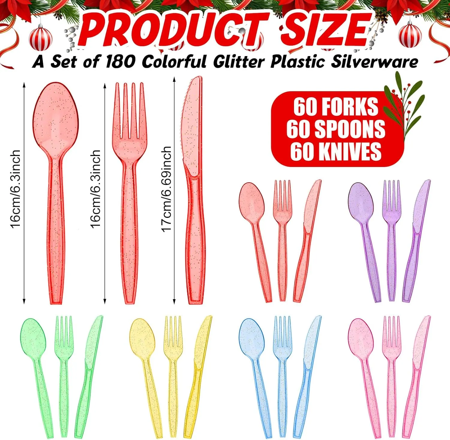 Lasnten 180 Pieces Glitter Plastic Silverware Set Disposable Clear Plastic Cutlery Flatware for Party 60 Knives 60 Spoons 60 Fork for Party Birthday Dinnerware Supplies(Multicolor)