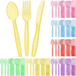 Lasnten 180 Pieces Glitter Plastic Silverware Set Disposable Clear Plastic Cutlery Flatware for Party 60 Knives 60 Spoons 60 Fork for Party Birthday Dinnerware Supplies(Multicolor)